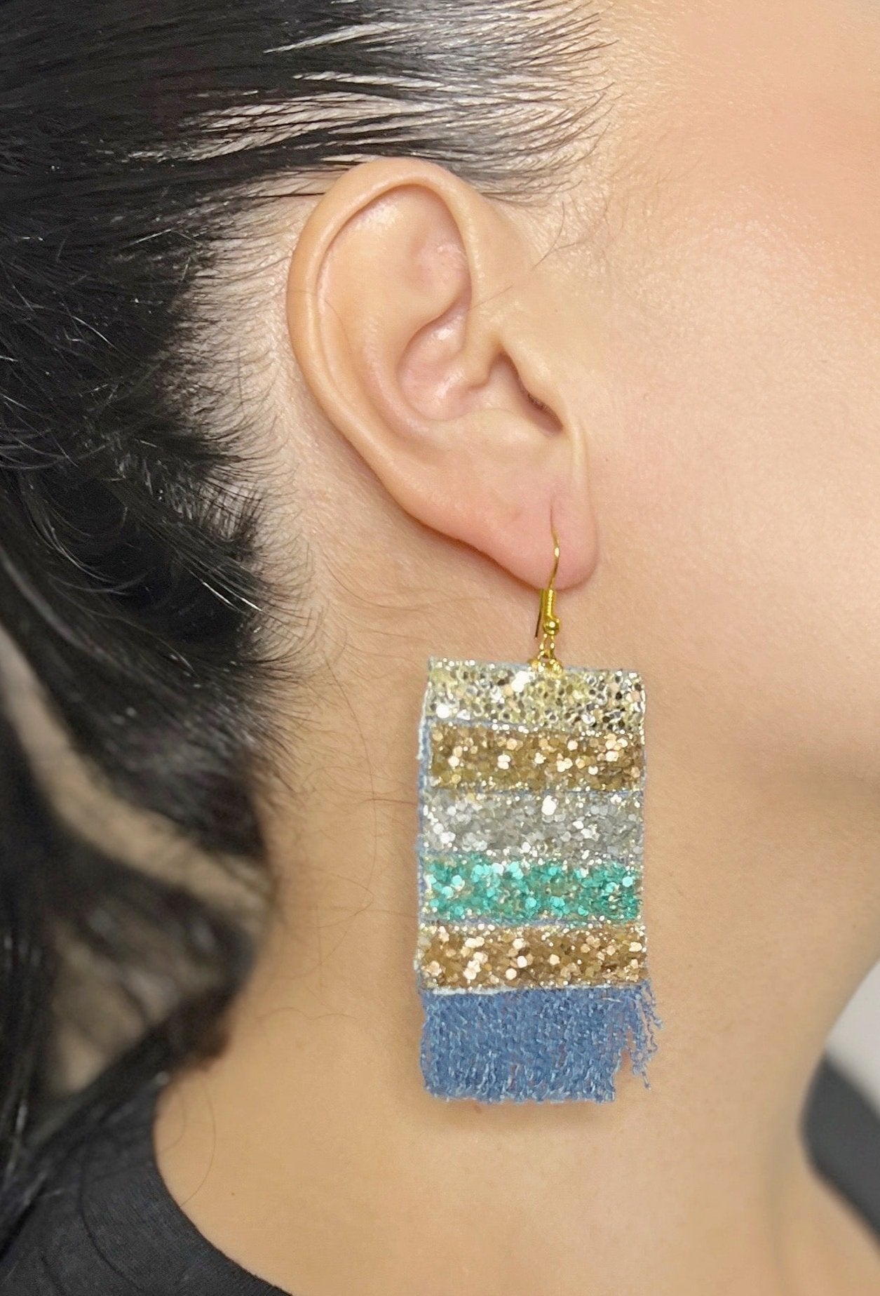 Denim and sparkle fringe earrings