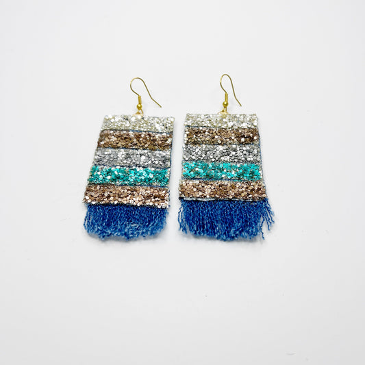 Denim and sparkle fringe earrings